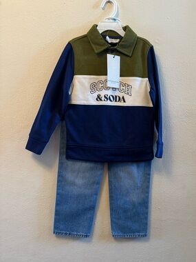NWT 2-pc set. Scotch & Soda Kids Polo type long sleeve top, denim pants. size 5